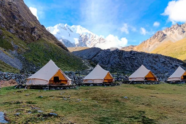 Glamping tents on a 5-day Salkantay trek tour near Llactapata, a Salkantay trek tour with Vistadome train, Peru