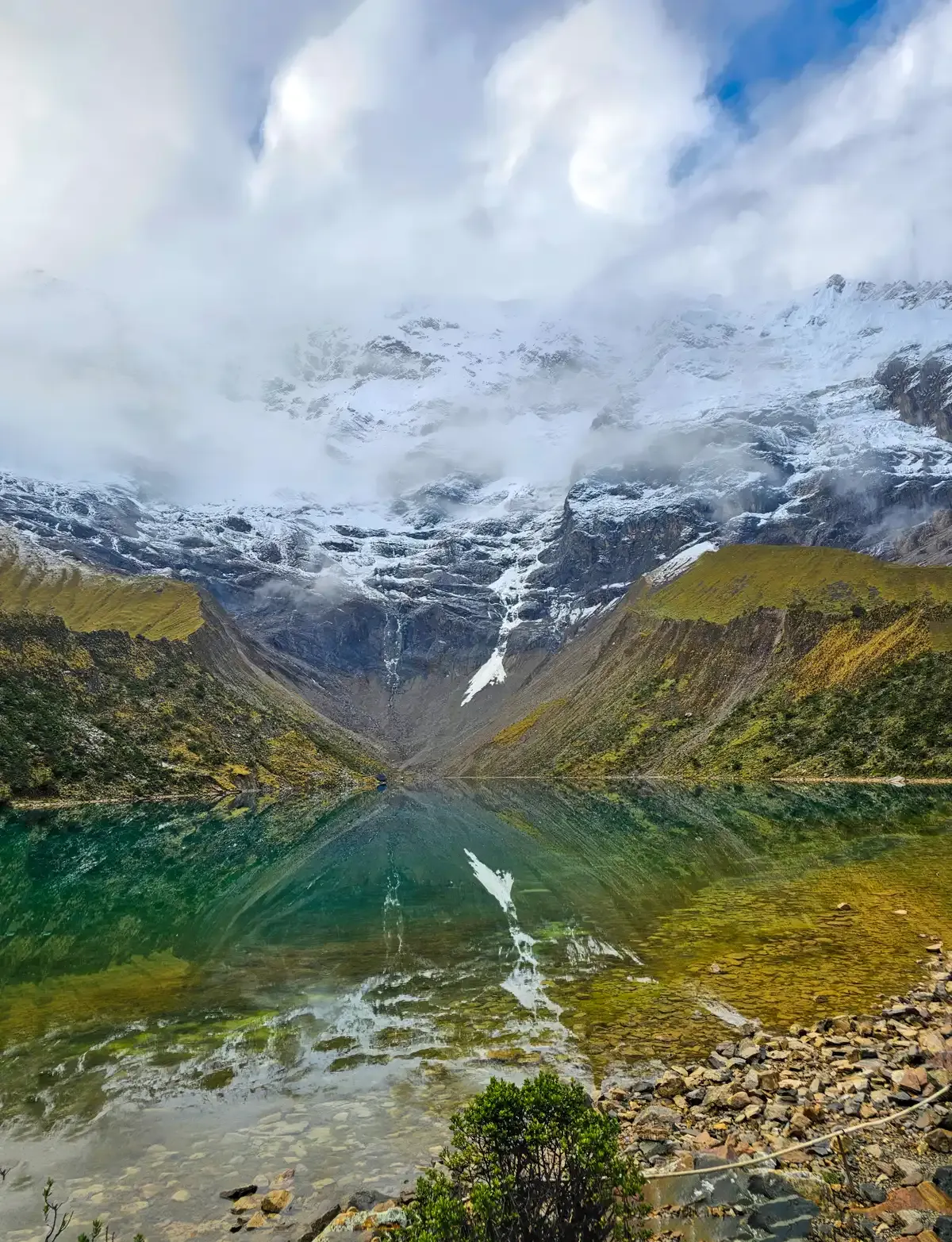 Humantay Lake at 4,200 m below the Humantay glacier, the first-day detour from Soraypampa, on a Salkantay trek tour